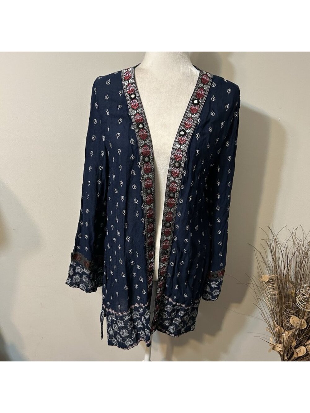 NWT Banjara Paisley Cardigan Kimono Open Blue Pink Mirror Accent Embroidered M